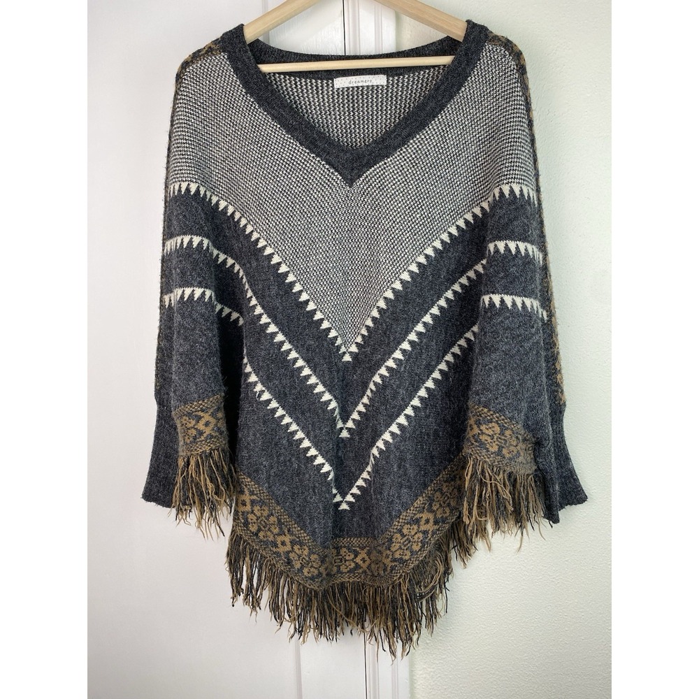Dreamers Gray Aztec Style Poncho Sweater with Fringe Size M/L M1358